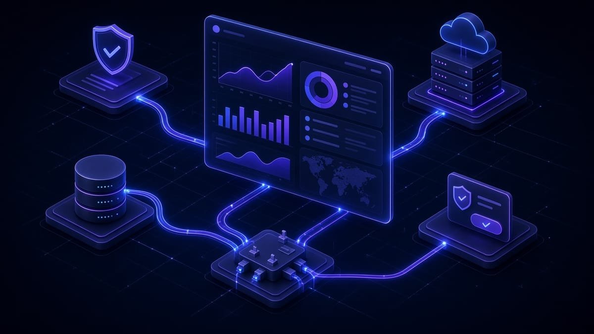 SaaS dashboard connected to authentication, billing, database and cloud modules