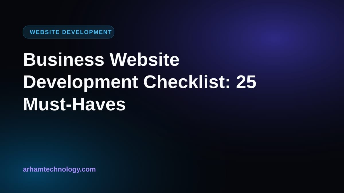 Business website development checklist shown as a laptop with a tick list, wireframe and launch rocket