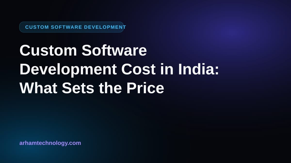 Custom software development cost in India shown as a budget dial over a modular business software system