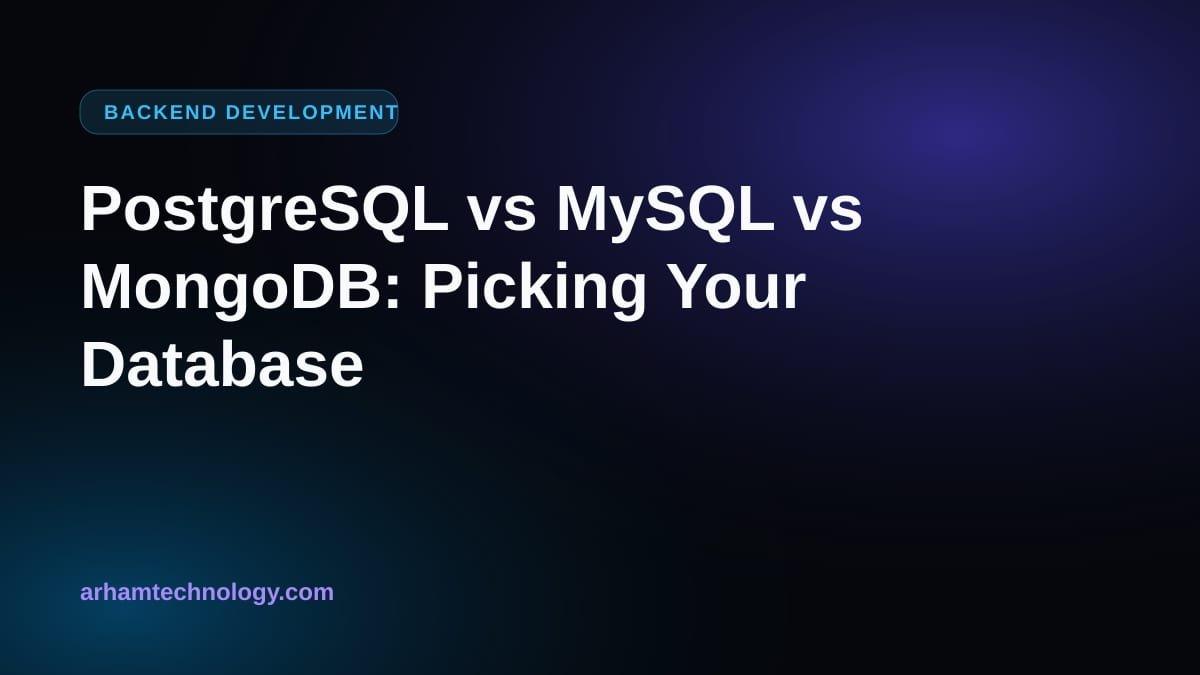 Three database cylinders compared in a PostgreSQL vs MySQL vs MongoDB decision for a backend