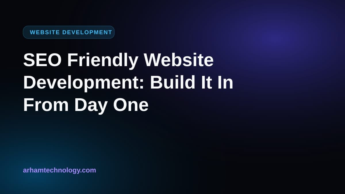 SEO friendly website development shown as a site structure diagram with a magnifying glass over a laptop