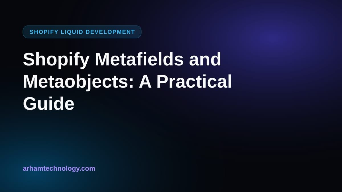 Editor-style illustration of Shopify metafields and metaobjects feeding structured product data into a theme layout