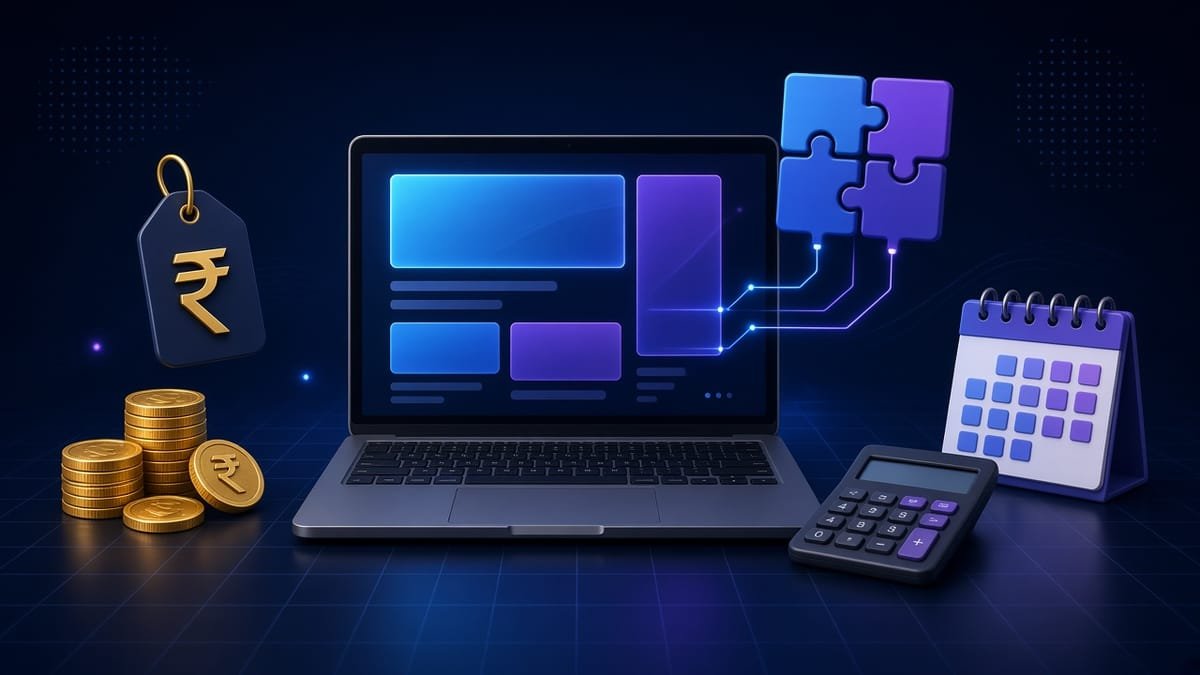 Website development cost in India shown as a laptop wireframe with price tags and a budget calculator